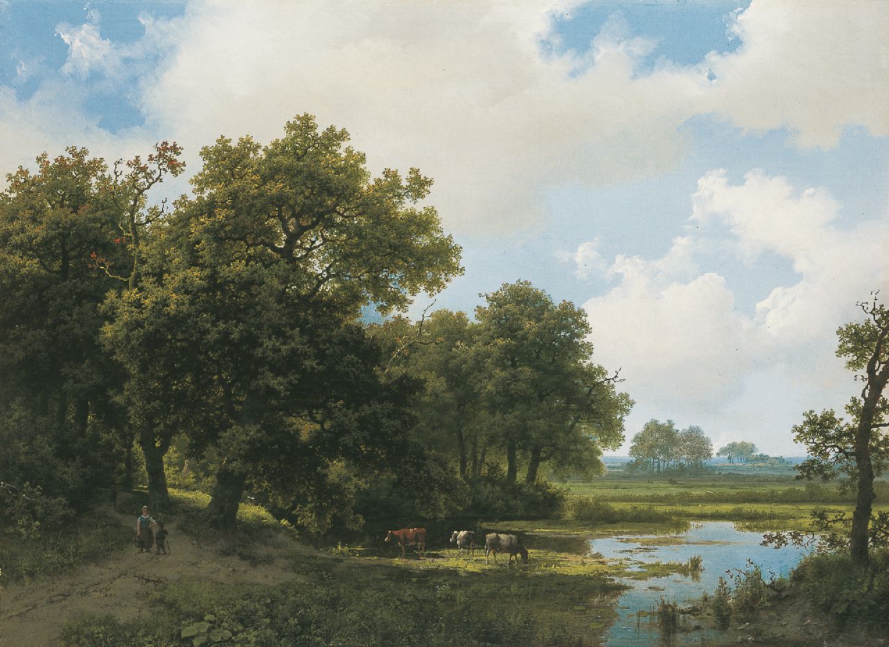 Koekkoek I M.A.  | Marinus Adrianus Koekkoek I, Cows in a summer landscape, Öl auf Leinwand 46,0 x 62,8 cm, signed l.l. und dated 1854