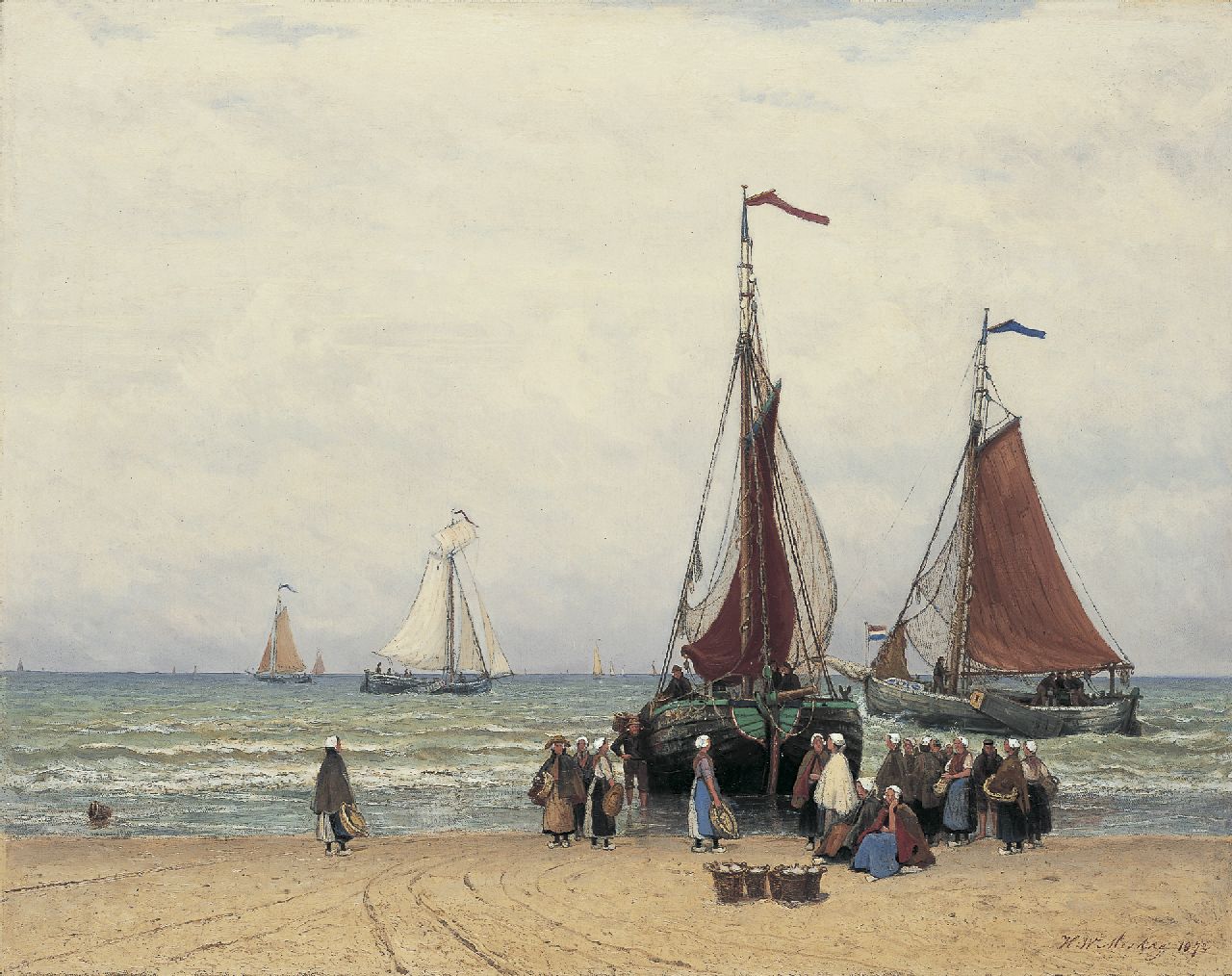 Mesdag H.W.  | Hendrik Willem Mesdag, Fisherfolk and 'bomschuiten' on the beach of Scheveningen, Öl auf Leinwand 69,5 x 88,3 cm, signed l.r. und dated 1872