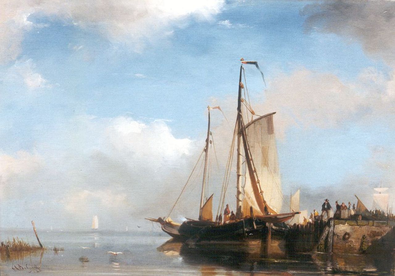 Breuhaus de Groot F.A.  | Frans Arnold Breuhaus de Groot, Moored boats, figures on a quay, Öl auf Holz 24,8 x 33,9 cm, signed l.l. und dated '46