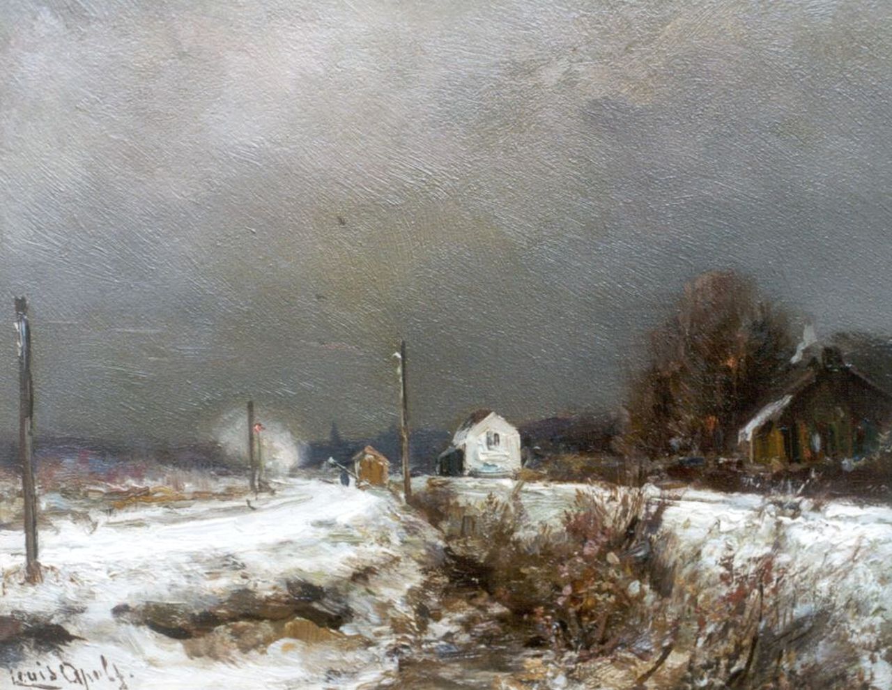 Apol L.F.H.  | Lodewijk Franciscus Hendrik 'Louis' Apol, A snow-covered landscape with approching stream train, Öl auf Holz 17,6 x 22,0 cm, signed l.l.