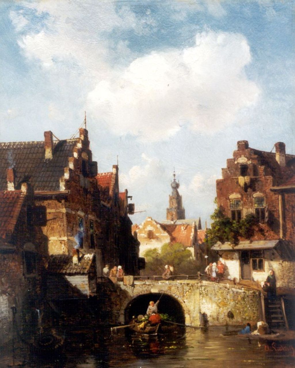 Leickert C.H.J.  | 'Charles' Henri Joseph Leickert, Stadsgezicht met een groentenschuit op een gracht, Öl auf Holz 28,0 x 21,7 cm, gesigneerd rechtsonder