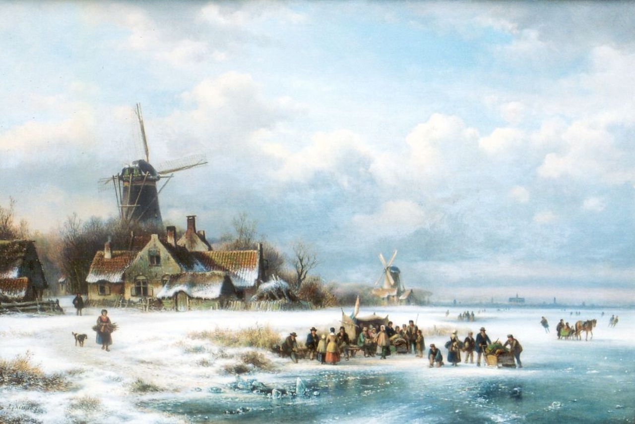 Kleijn L.J.  | Lodewijk Johannes Kleijn, Daily activities on a frozen waterway, Öl auf Leinwand 49,1 x 71,9 cm, signed l.l.