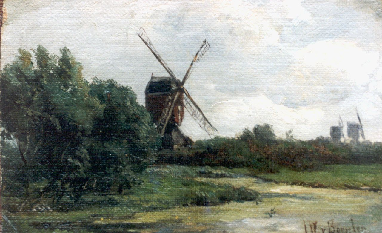 Borselen J.W. van | Jan Willem van Borselen, Windmills in a polder landscape, Öl auf Leinwand auf Holz 12,8 x 19,7 cm, signed l.r.
