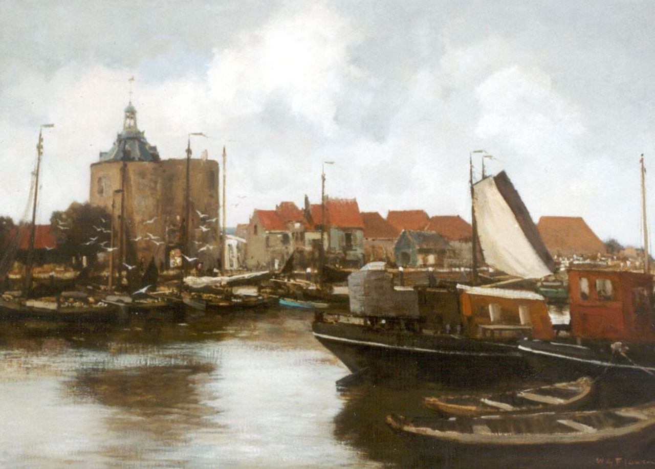 Jansen W.G.F.  | 'Willem' George Frederik Jansen, The harbour of Enkhiuzen, with the' Drommedaris'  in the distance, Öl auf Leinwand 72,0 x 100,0 cm, signed l.r.
