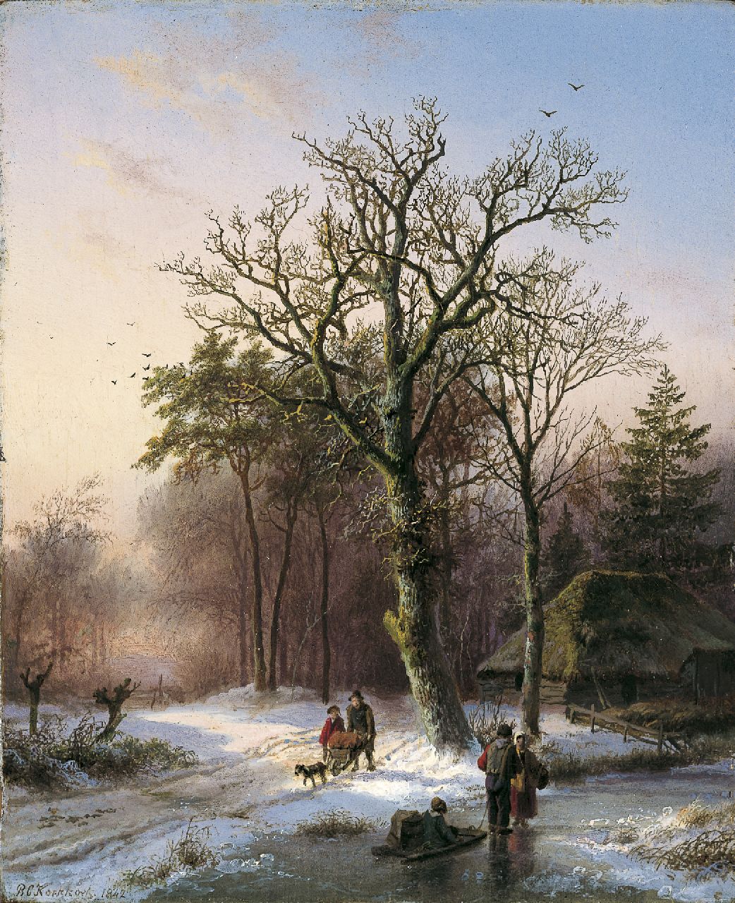 Koekkoek B.C.  | Barend Cornelis Koekkoek, A winter landscape with figures on the ice, Öl auf Holz 19,1 x 15,7 cm, Unterzeichnet l.u. und datiert 1842