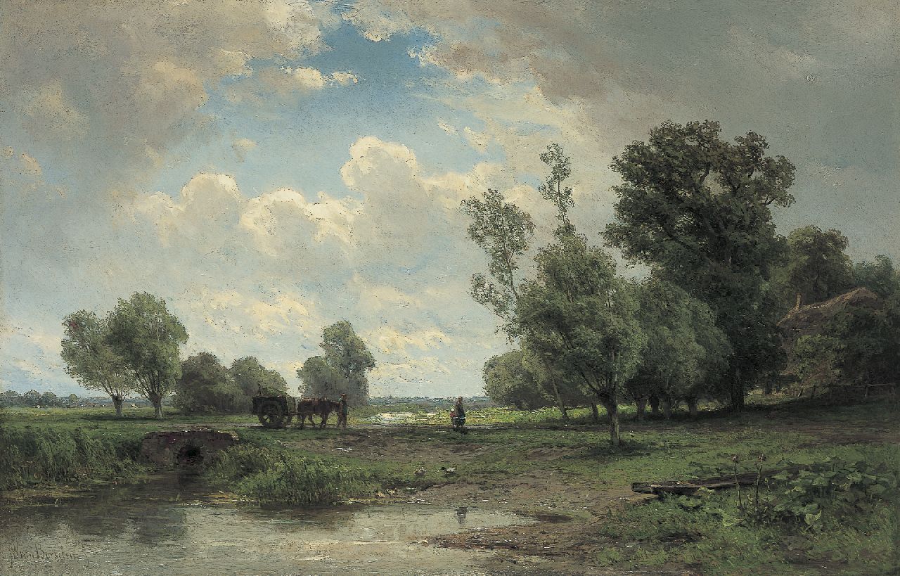 Borselen J.W. van | Jan Willem van Borselen, A meadow with farmers and a horse drawn cart, Öl auf Leinwand 46,2 x 70,9 cm, signed l.l.