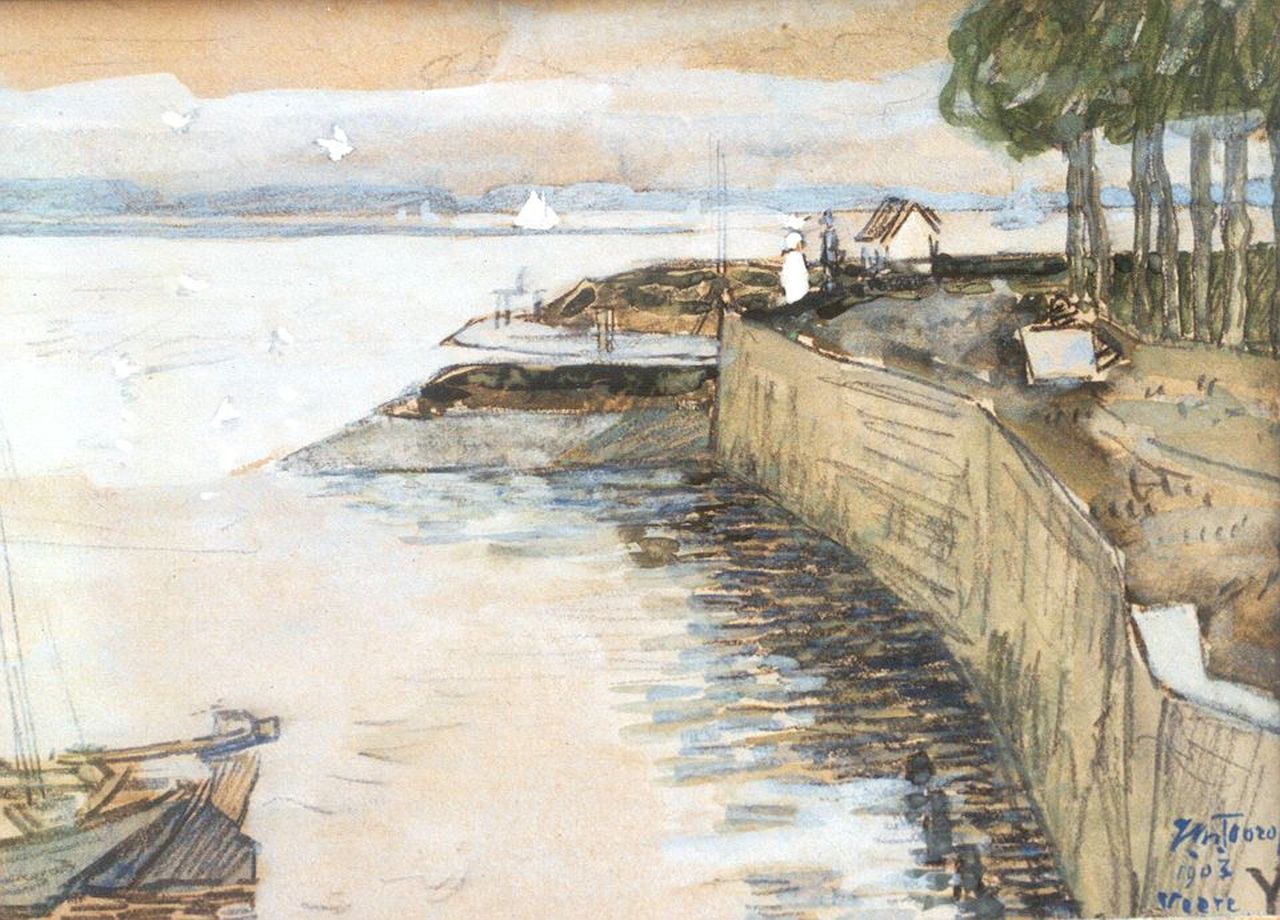 Toorop J.Th.  | Johannes Theodorus 'Jan' Toorop, The quay of Veere, Kreide und Aquarell auf Papier 10,5 x 14,5 cm, Unterzeichnet r.u. und datiert Veere 1903