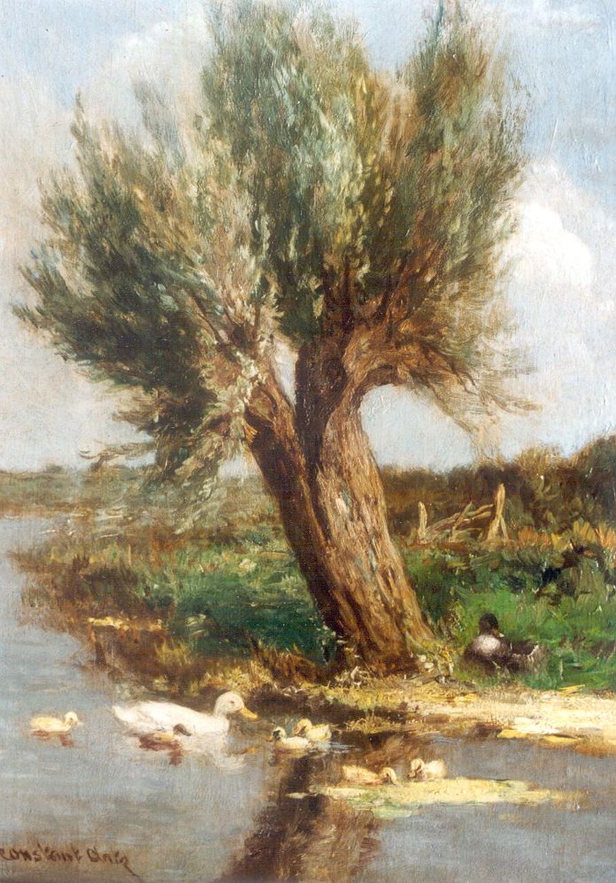 Artz C.D.L.  | 'Constant' David Ludovic Artz, A duck with her ducklings near a willow, Öl auf Holz 23,9 x 18,0 cm, signed signed l.l.