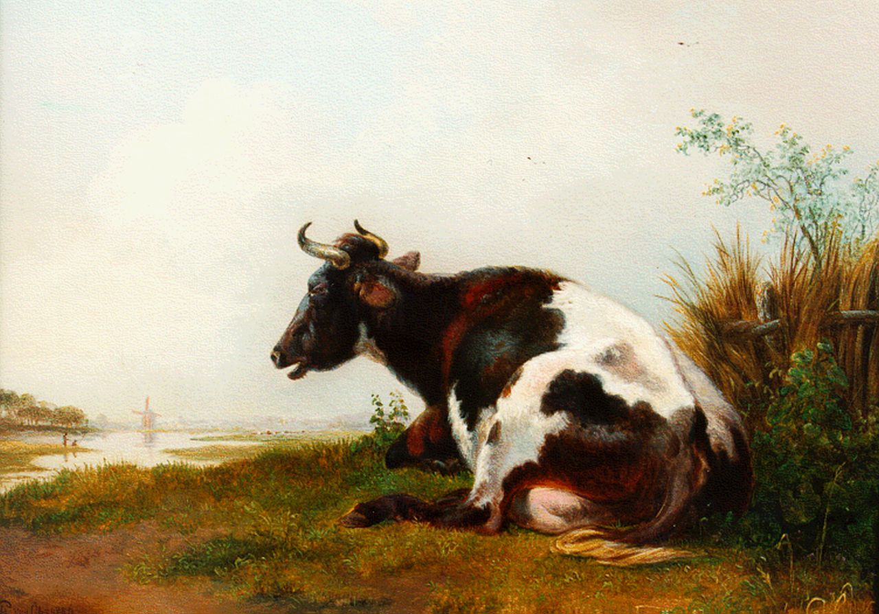 Os P.G. van | Pieter Gerardus van Os, A cow in a river landscape, Öl auf Holz 22,0 x 28,5 cm, signed l.l. und dated 1836
