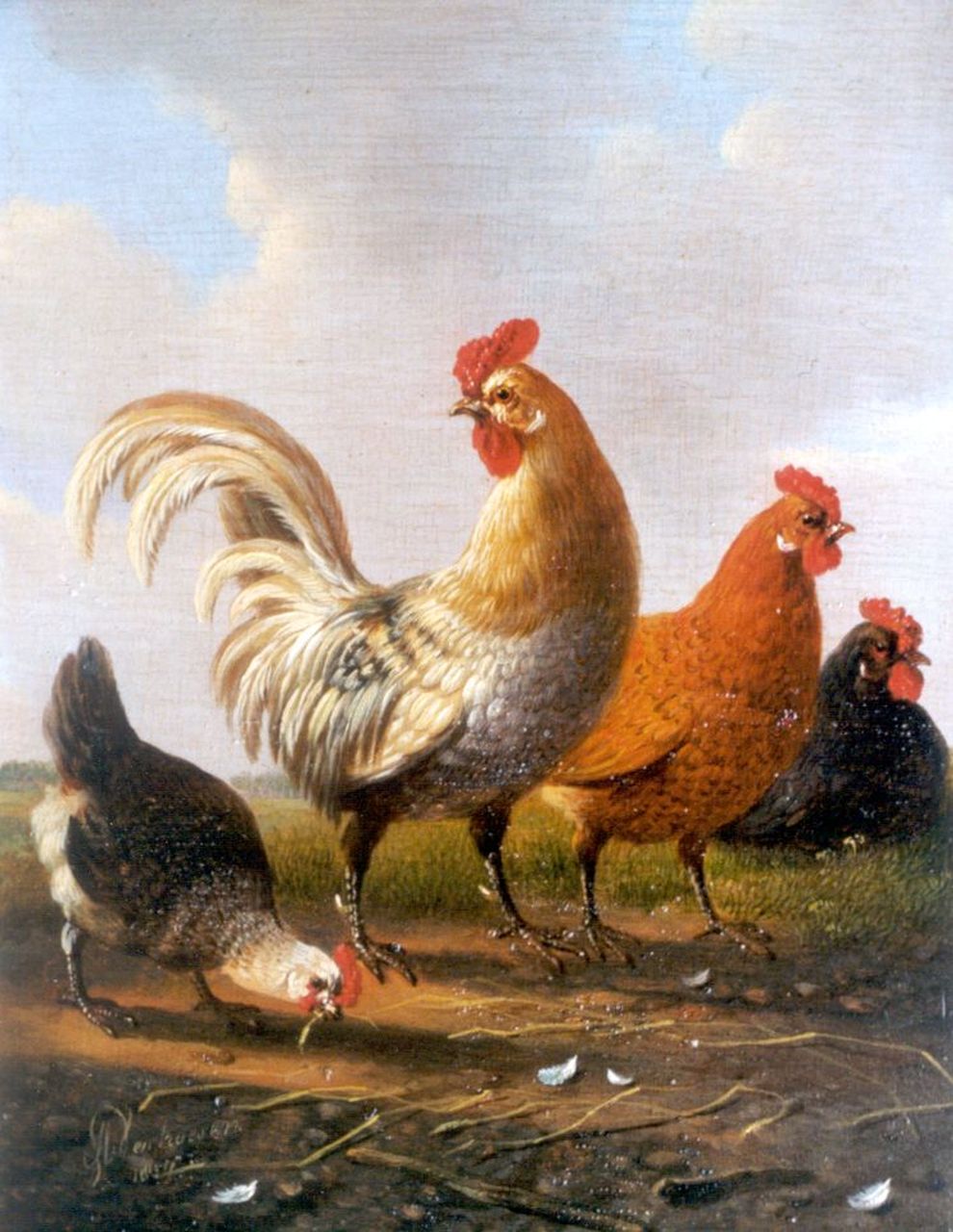 Verhoesen A.  | Albertus Verhoesen, A rooster and chickens, Öl auf Holz 18,0 x 14,5 cm, signed l.l. und dated 1857