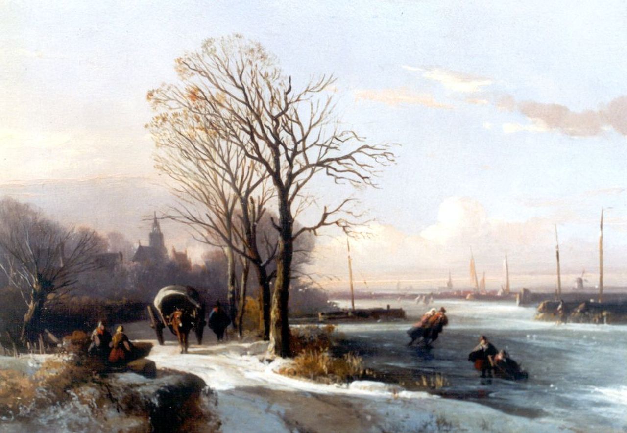 Wayen Pieterszen A. van der | Abraham van der Wayen Pieterszen, A winter landscape with skaters on a frozen river, Öl auf Holz 23,8 x 33,9 cm, signed c.l.