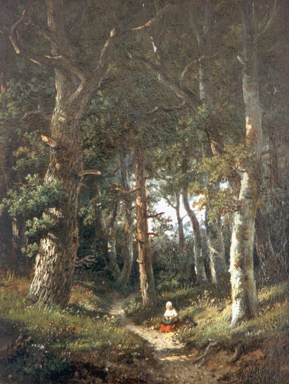 Wijngaerdt A.J. van | Anthonie Jacobus van Wijngaerdt, A figure in a forest, Öl auf Holz 14,5 x 10,0 cm, signed l.l. with monogram