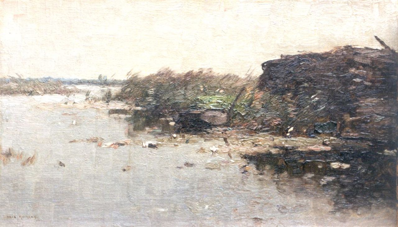 Knikker A.  | Aris Knikker, A barge in a river landscape, Öl auf Leinwand  auf Holzfaser 23,6 x 39,8 cm, signed l.l.