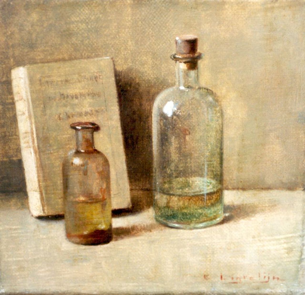 Ligtelijn E.J.  | Evert Jan Ligtelijn, Still life with dispensing-bottles, Öl auf Leinwand 14,3 x 14,8 cm, signed l.r.