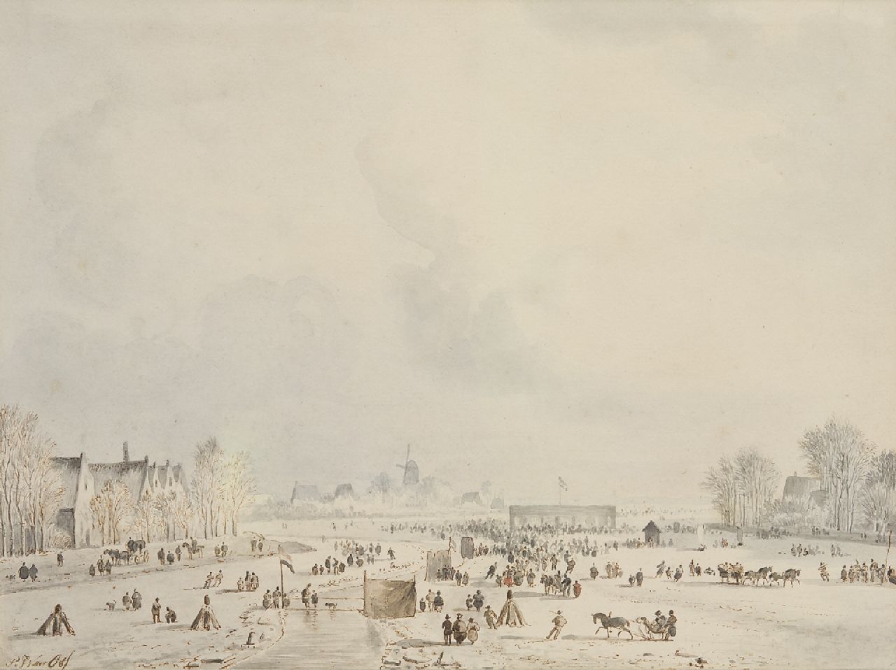 Pieter Frederik van Os | Wintervergnügen, Braune Tinte und Aquarell auf Papier, 21,0 x 28,5 cm, Unterzeichnet l.u.