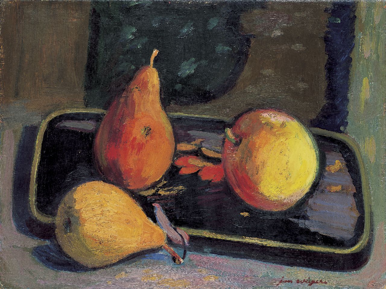 Wiegers J.  | Jan Wiegers, A still life with pears and a apple, Öl auf Leinwand 30,2 x 40,0 cm, signed l.r.