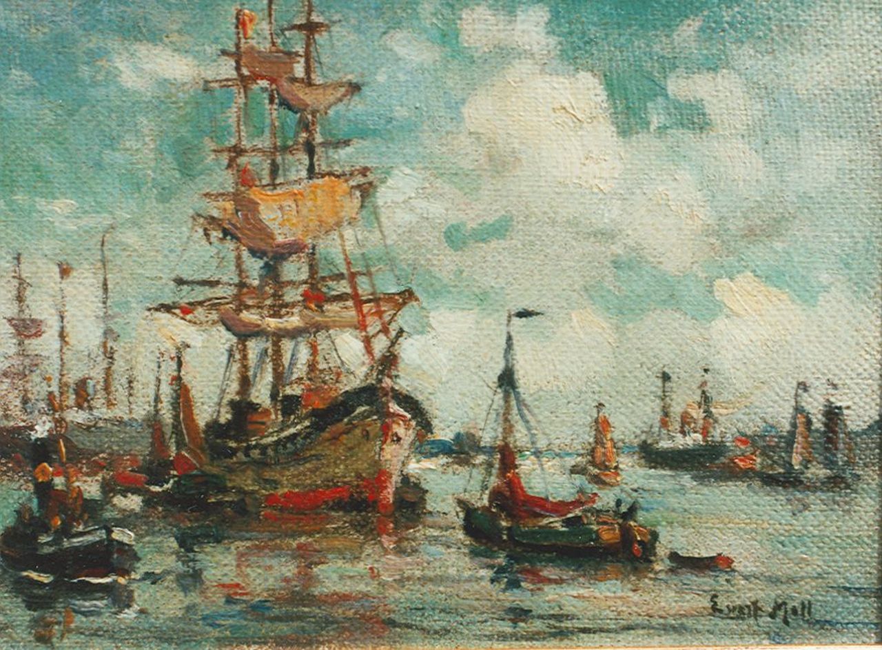 Moll E.  | Evert Moll, Three-master in the harbour of Rotterdam, Öl auf Leinwand auf Holz 10,5 x 13,4 cm, signed l.r.