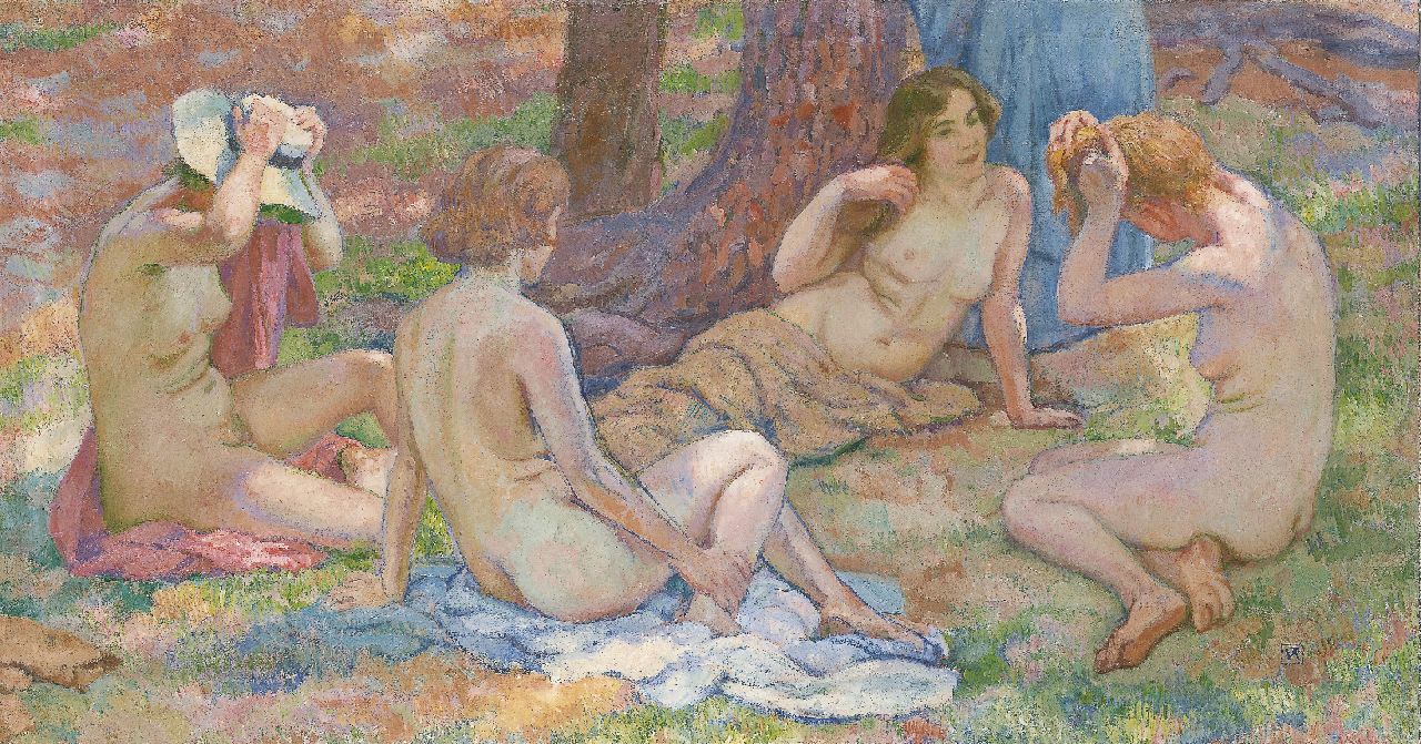 Rysselberghe Th. van | Théodore 'Théo' van Rysselberghe, Women bathing, Öl auf Leinwand 63,0 x 119,5 cm, Unterzeichnet l.u. mit Monogramm und datiert um 1926