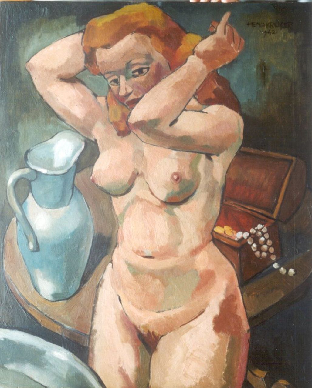 Krijger H.  | Hendrik Cornelis 'Henk' Krijger, A female nude, Öl auf Holz 64,5 x 54,0 cm, signed u.r. und dated 1942
