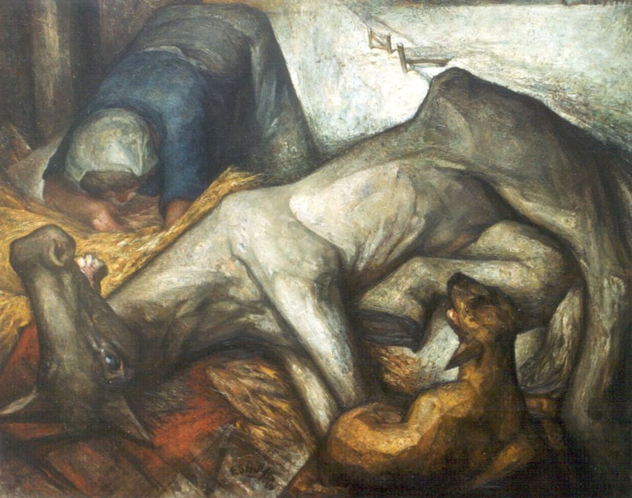 Eshuijs H.J.  | Hendrikus Jacobus Eshuijs, A dying horse, Öl auf Leinwand 91,5 x 115,0 cm, signed l.c. und dated '62