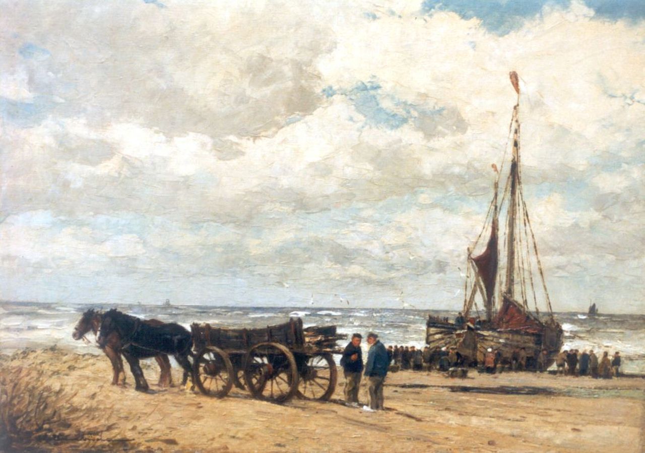 Hambüchen W.  | Wilhelm Hambüchen, Fisherfolk unloading the catch, Öl auf Leinwand 60,2 x 80,2 cm, signed l.l.