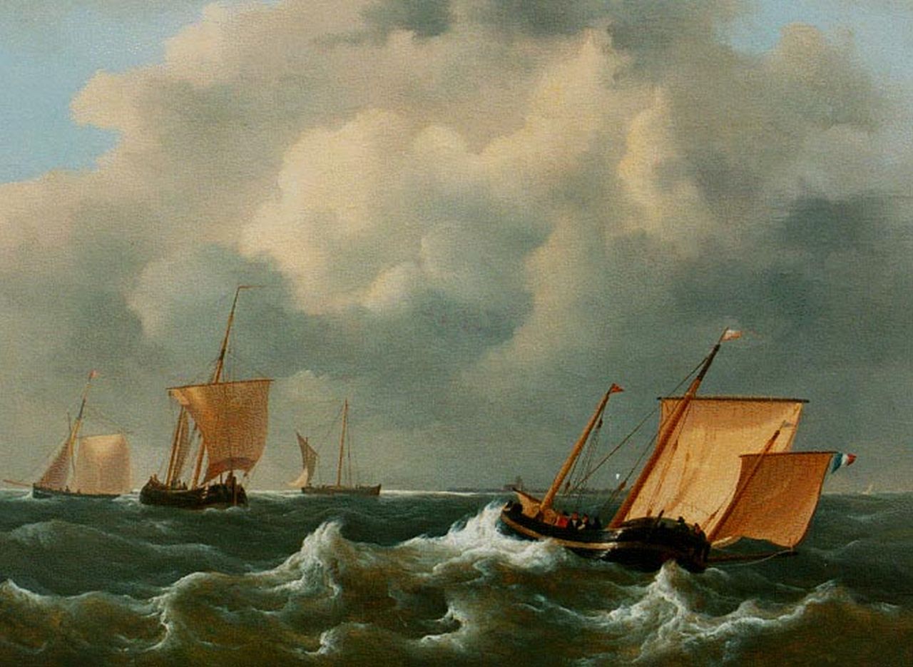 Blijk F.J. van den | Frans Jacobus van den Blijk, Shipping on choppy waters, Öl auf Holz 27,4 x 36,8 cm
