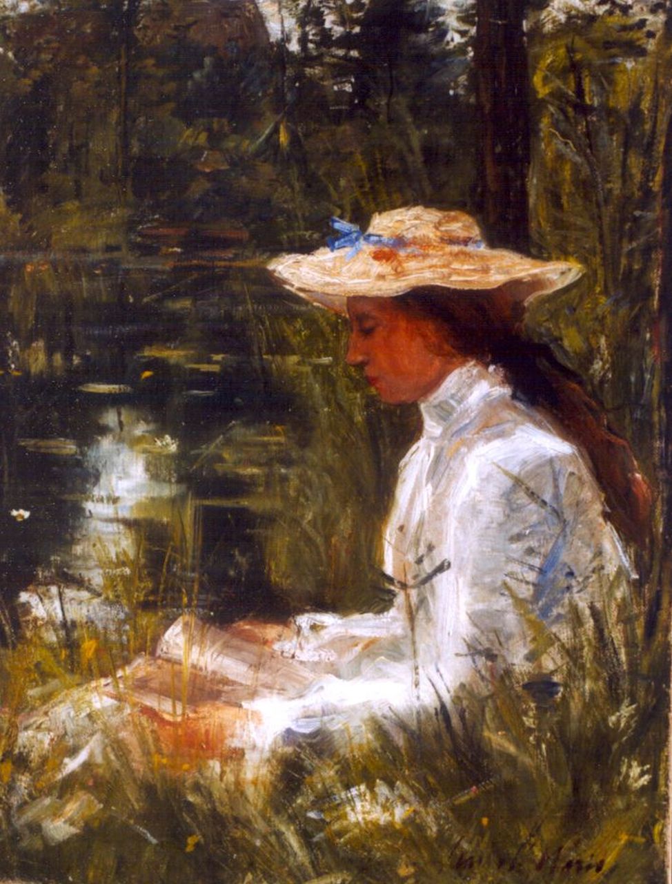 Maris S.W.  | Simon Willem Maris, An elegant lady reading by a pond, Öl auf Leinwand 52,3 x 40,0 cm, signed l.r.