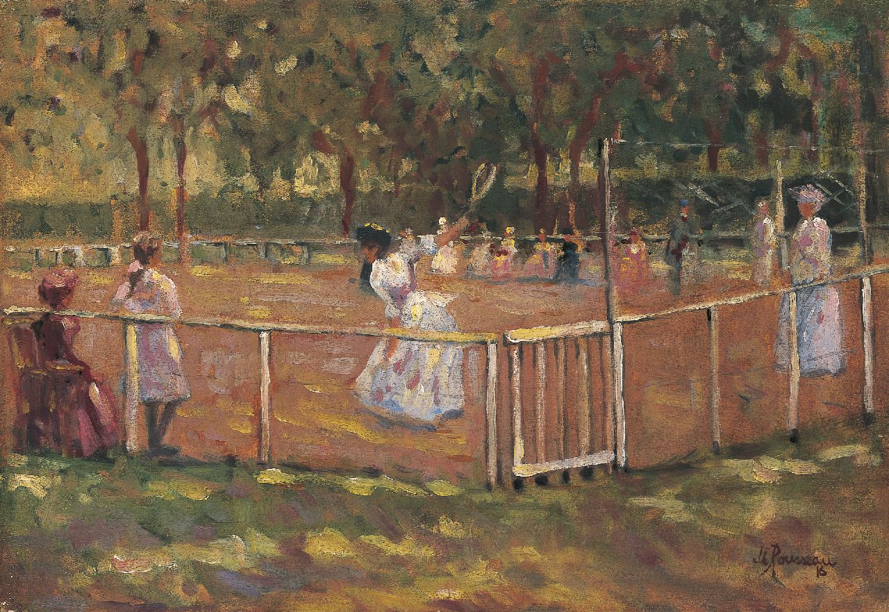 Rousseau M.  | Marguerite Rousseau, Playing tennis (after composition of John Lavery), Öl auf Holz 38,0 x 55,0 cm, signed l.r. und dated '16