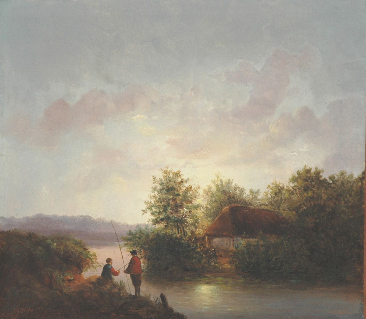 Hans J.G.  | Josephus Gerardus Hans, Anglers in a river landscape by sunset, Öl auf Holz 27,1 x 31,1 cm, signed l.l. und dated '47