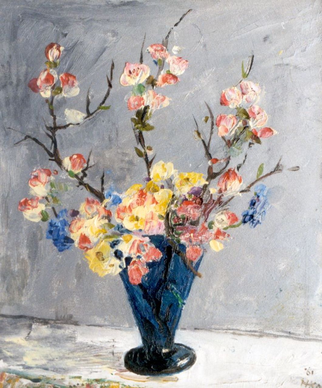 Kamerlingh Onnes H.H.  | 'Harm' Henrick Kamerlingh Onnes, A vase with flowering sprigs, Öl auf Holzfaser 30,4 x 24,0 cm, signed l.r. with monogram und dated '61
