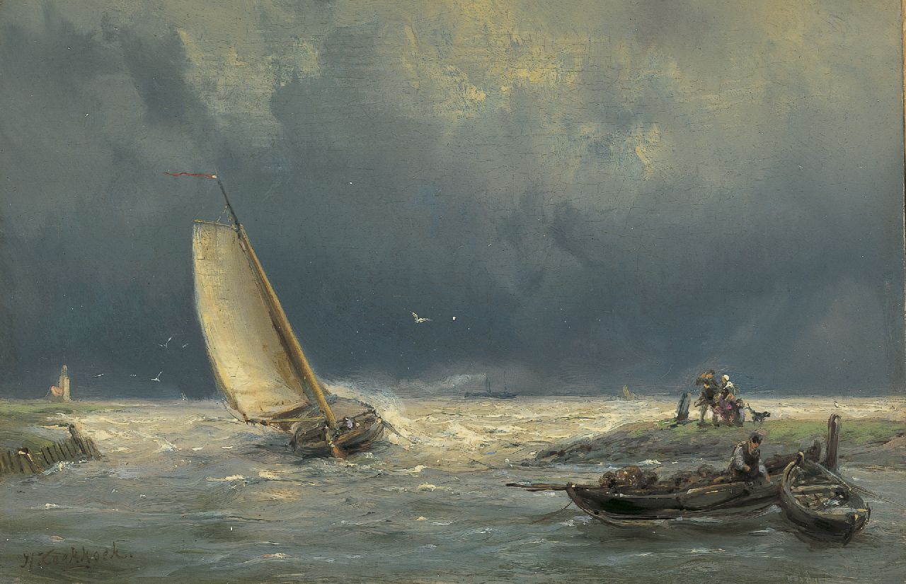 Koekkoek H.  | Hermanus Koekkoek, A vessel in stormy waters, Öl auf Holz 13,8 x 21,0 cm, signed l.l.