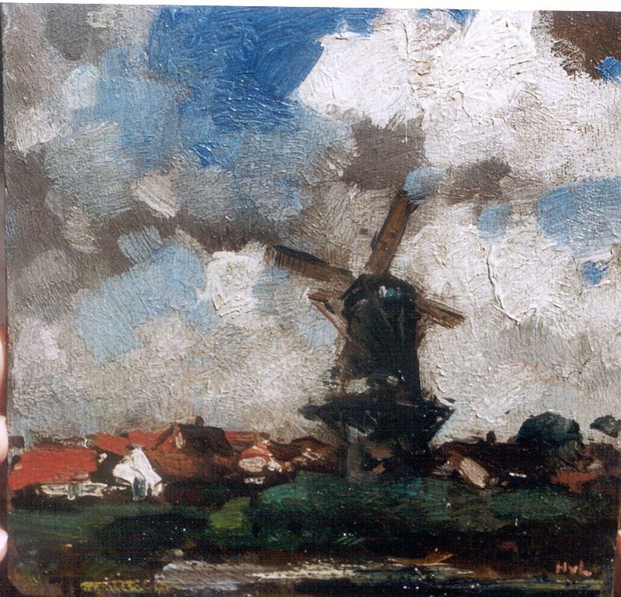 Leeuwen H. van | Hendrik 'Henk' van Leeuwen, Landscape with windmill, Öl auf Holz 14,2 x 14,0 cm, signed l.r. with initials