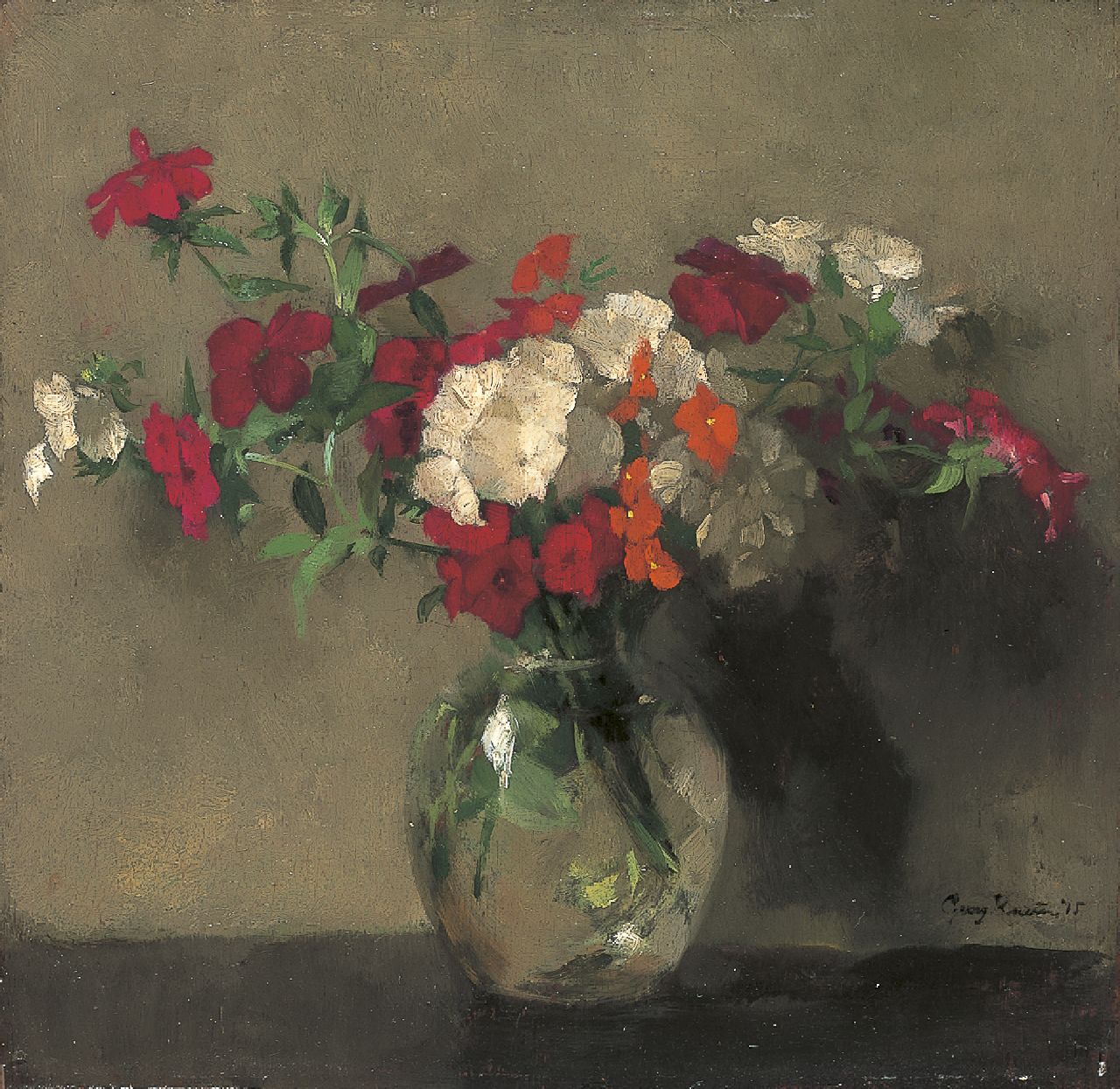 Rueter W.C.G.  | Wilhelm Christian 'Georg' Rueter, A flower still life, Öl auf Holz 26,5 x 27,5 cm, signed l.r. und dated '15