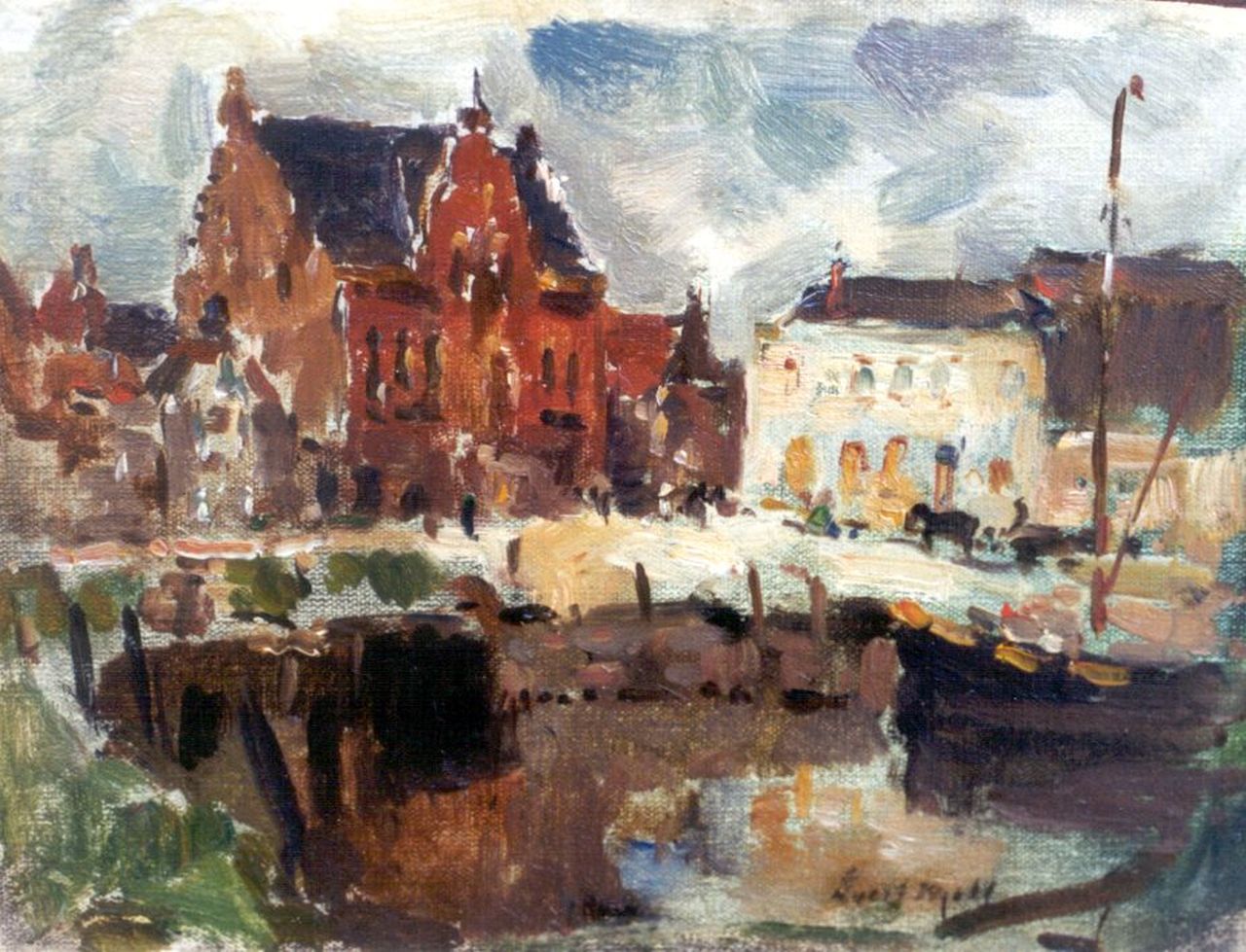 Moll E.  | Evert Moll, The city hall, Ooltgensplaat, Öl auf Leinwand Malereifaser 15,7 x 20,8 cm, signed l.r.