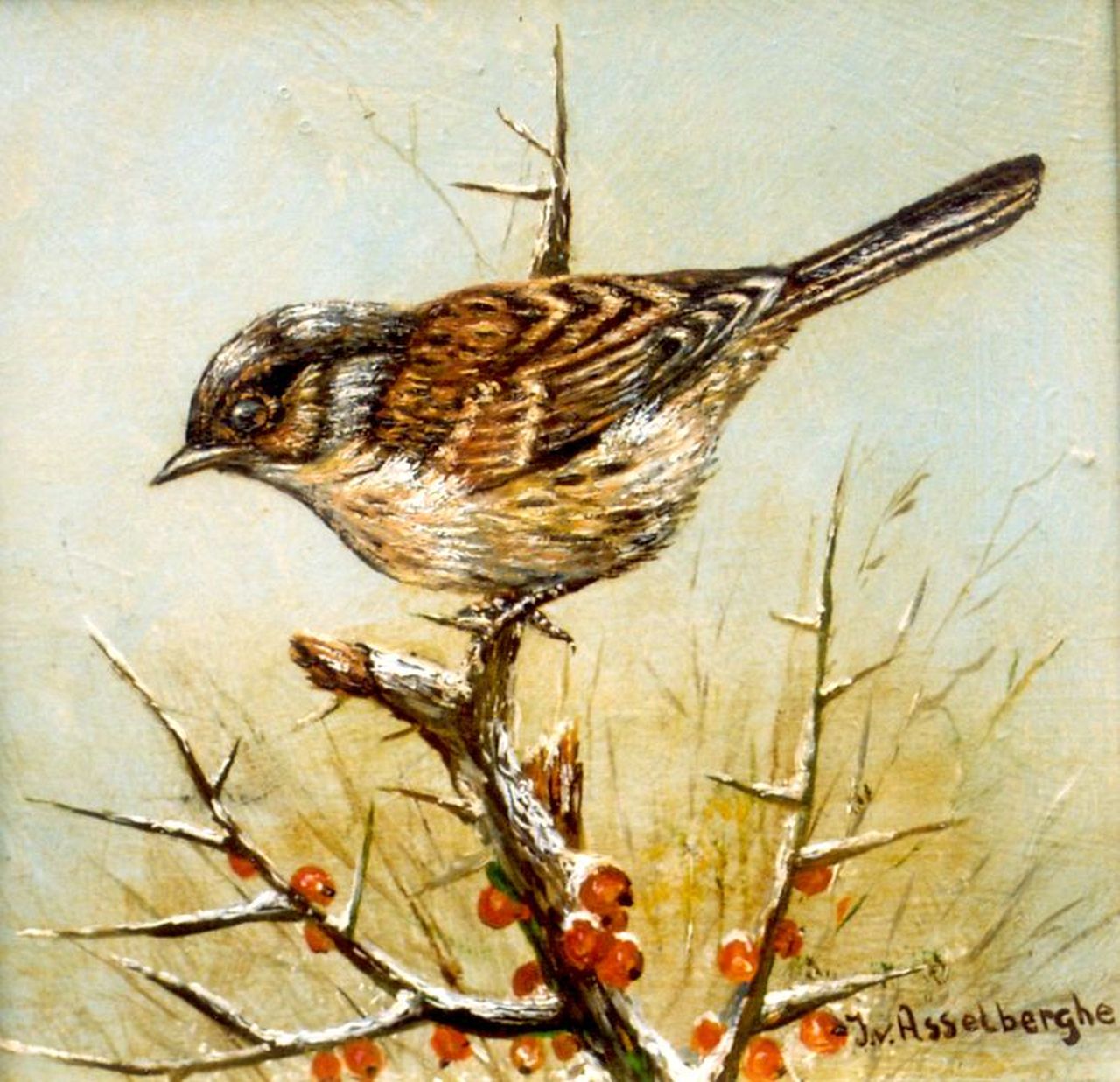 Asselberghe J. van | van Asselberghe, A hedge sparrow, Öl auf Holz 13,0 x 13,0 cm, signed l.r.