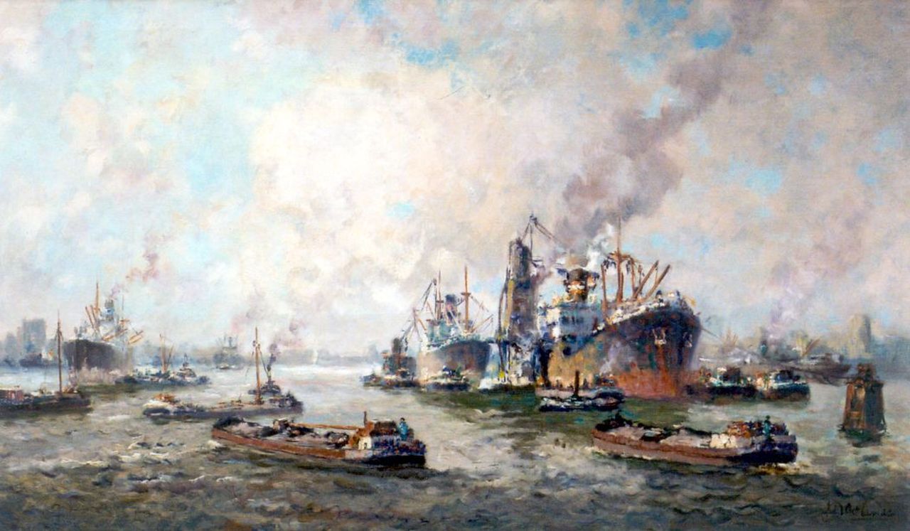 Molenaar J.P.  | Johannes Petrus 'Joop' Molenaar, Harbour activities, Rotterdam, Öl auf Leinwand 59,9 x 99,9 cm, signed l.r.