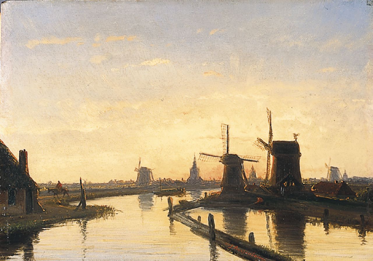 Roosenboom N.J.  | Nicolaas Johannes Roosenboom, Windmills along a waterway near Overschie, Öl auf Holz 21,5 x 30,8 cm, signed c.r.