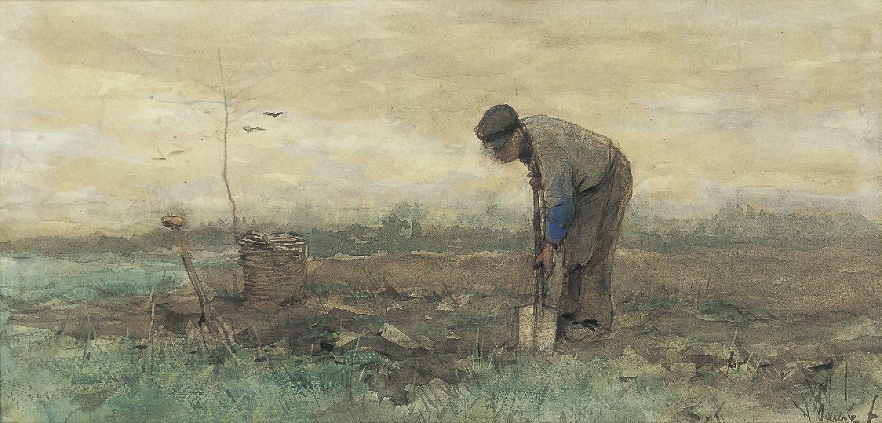 Mauve A.  | Anthonij 'Anton' Mauve, A farmer working on a field, Aquarell auf Papier 19,9 x 40,4 cm, signed l.r.