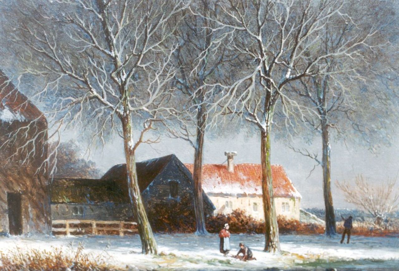 Eversen A.  | Adrianus Eversen, A path near a farm in winter, Öl auf Holz 17,6 x 24,0 cm, signed l.l.