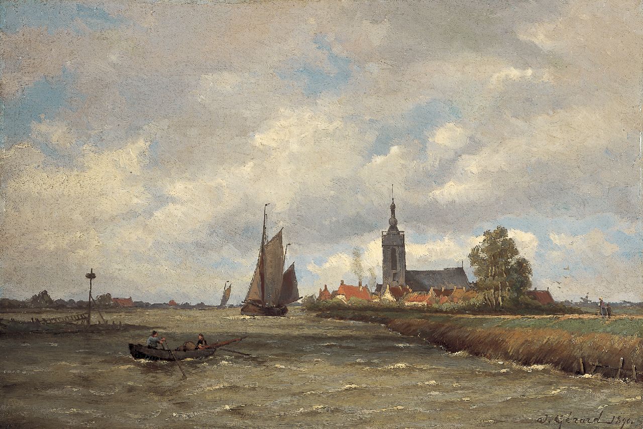 Koekkoek G.J.  | Gerardus Johannes 'Gerard' Koekkoek, Dorf am Wasser, Öl auf Leinwand 40,7 x 60,5 cm, signed l.r. with 'J. Gérard' und dated 1890