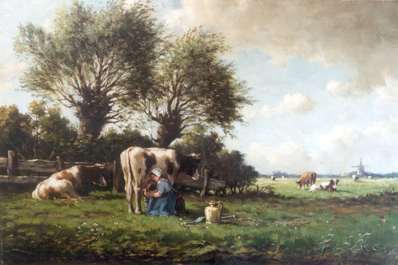 Geijp A.M.  | Adriaan Marinus Geijp, Milk-maid at work, Öl auf Leinwand 36,5 x 54,7 cm, signed l.r.