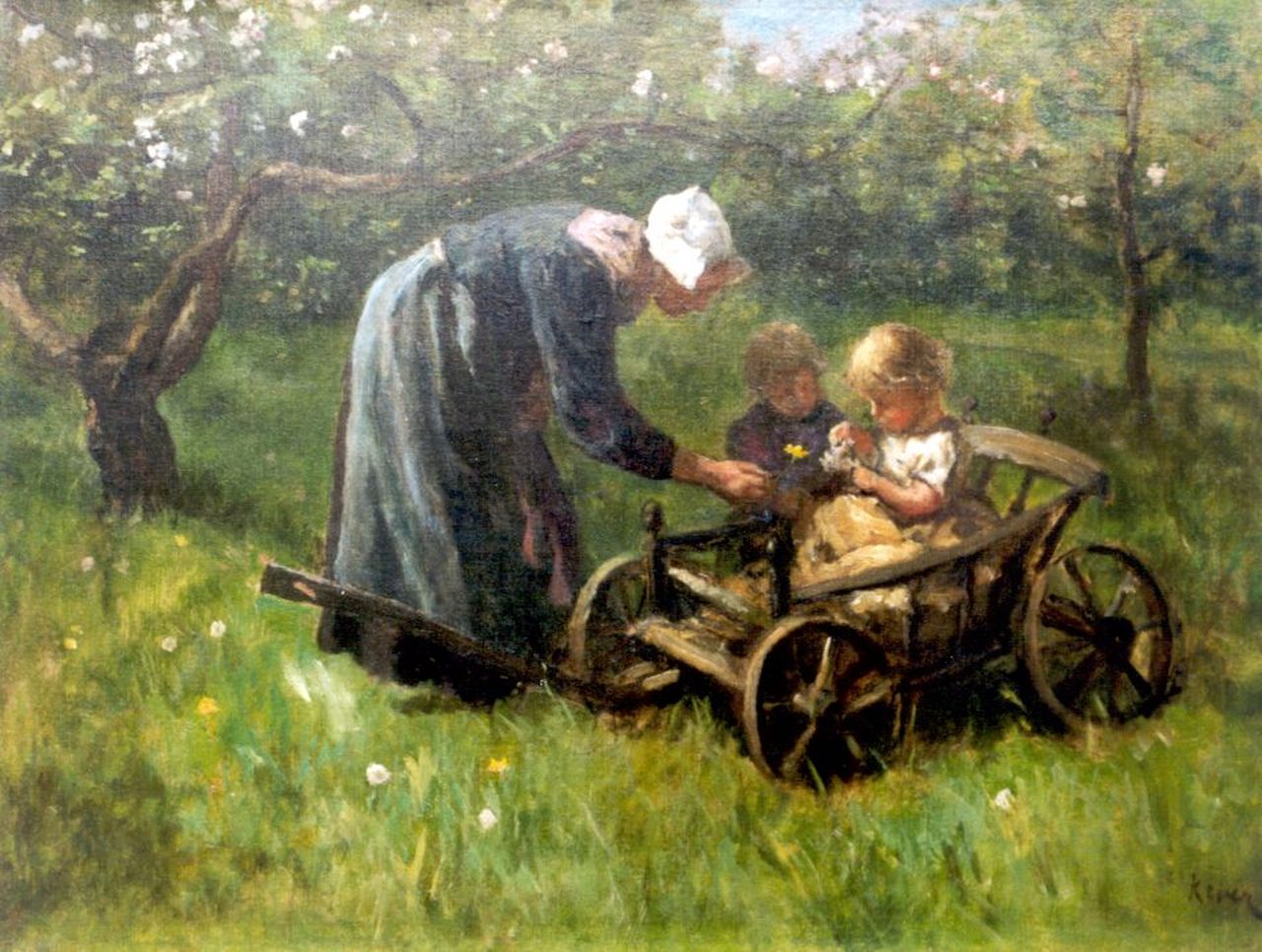 Kever J.S.H.  | Jacob Simon Hendrik 'Hein' Kever, Mother and children in an orchard, Öl auf Leinwand 47,5 x 62,0 cm, signed l.r.
