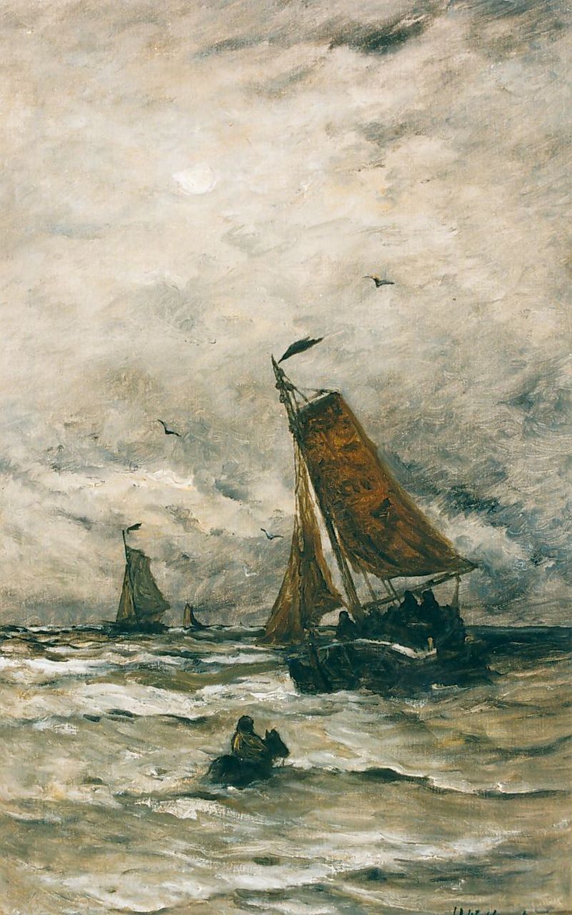 Mesdag H.W.  | Hendrik Willem Mesdag, A sailing vessel in the surf, Öl auf Leinwand 78,0 x 48,2 cm