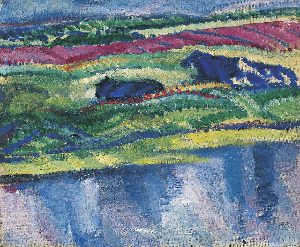 Berg E.  | Else Berg, Landscape with cows, Öl auf Leinwand  auf Holzfaser 40,0 x 48,5 cm, signed l.r. und painted ca. 1911-1912