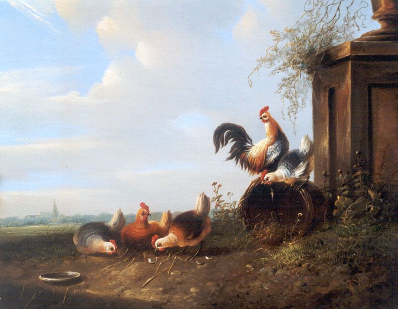 Verhoesen A.  | Albertus Verhoesen, Chickens and a rooster in a landscape, Öl auf Holz 19,6 x 23,9 cm, signed l.r.