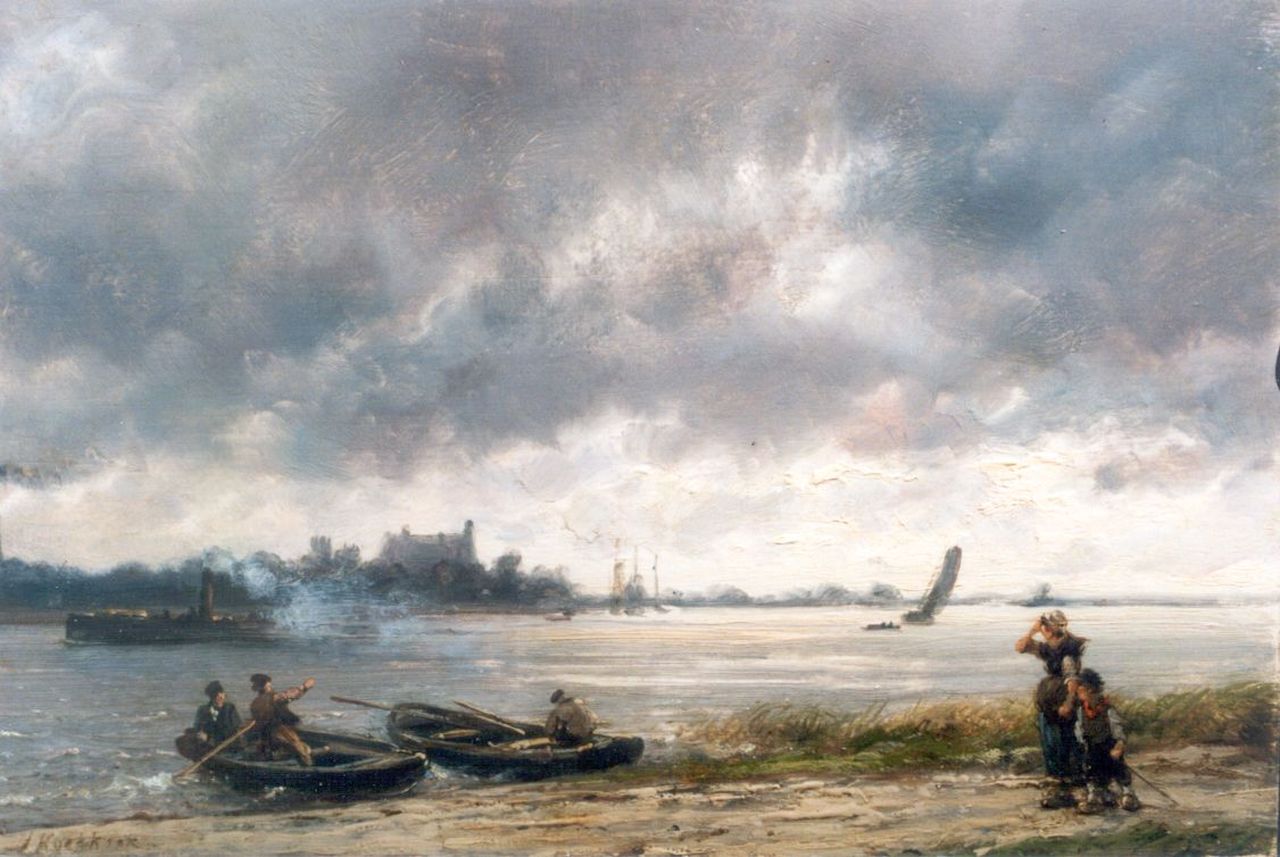 Koekkoek H.  | Hermanus Koekkoek, A river landscape with a steamboat, Öl auf Holz 16,0 x 24,0 cm, signed l.l.