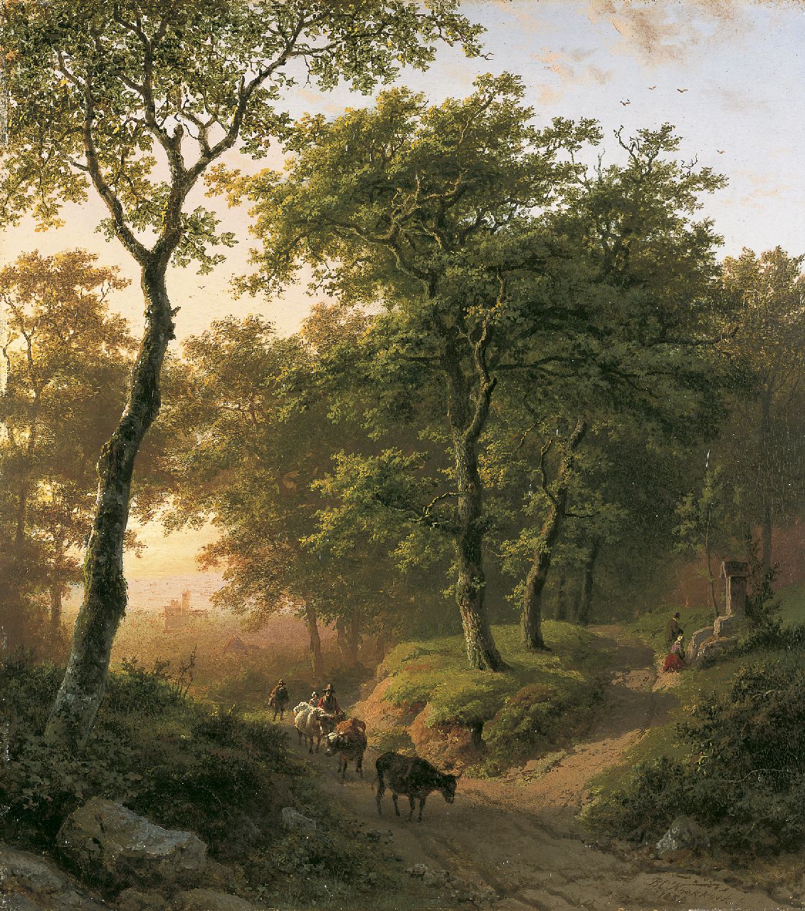 Koekkoek B.C.  | Barend Cornelis Koekkoek, Bewaldete Landschaft bei Sonnenuntergang, Öl auf Holz 32,6 x 29,2 cm, Unterzeichnet r.u. und datiert 1850