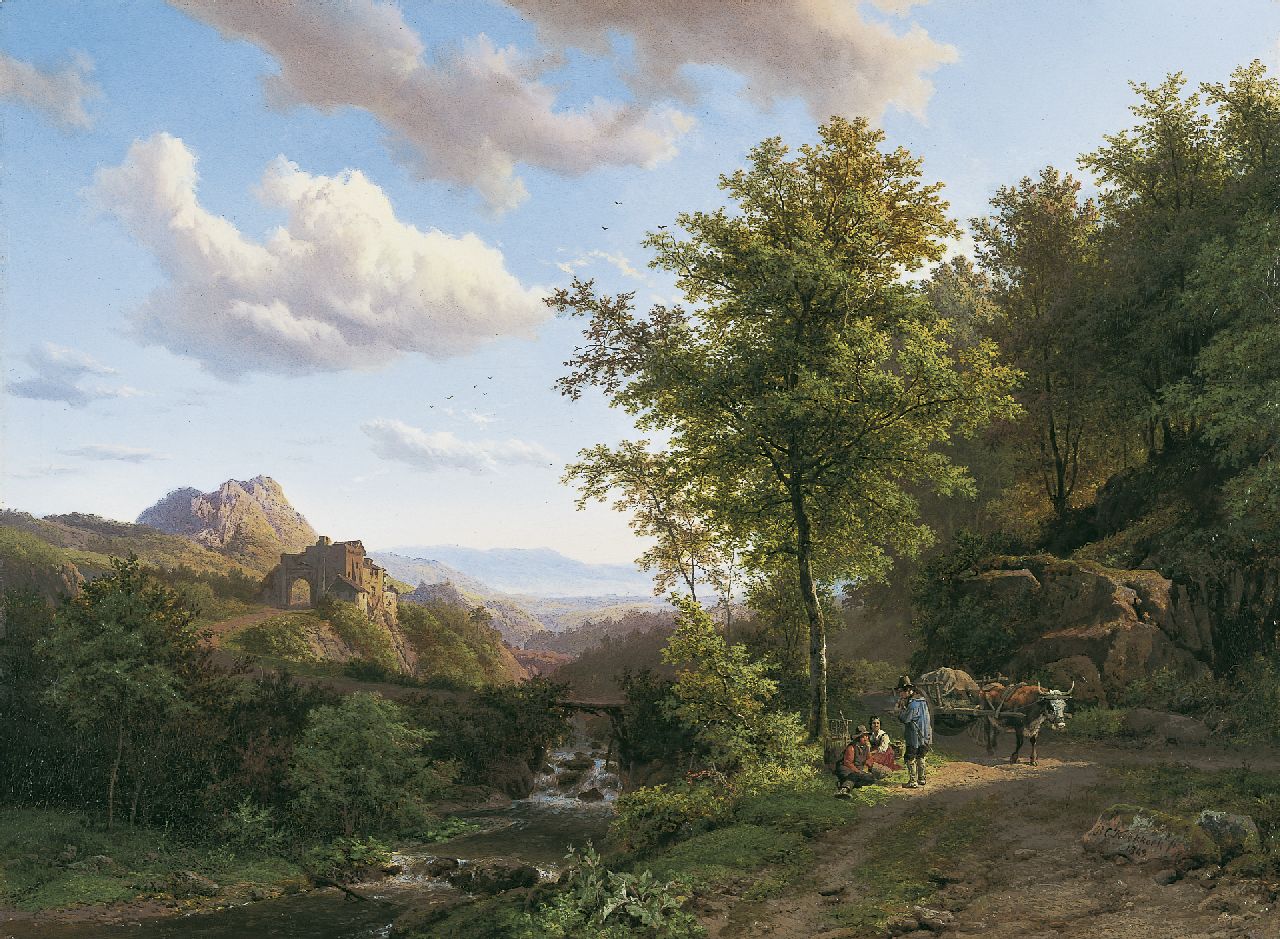 Koekkoek B.C.  | Barend Cornelis Koekkoek, A mountainous landscape with figures on a path, Öl auf Holz 38,5 x 51,9 cm, Unterzeichnet r.u. und datiert 1843