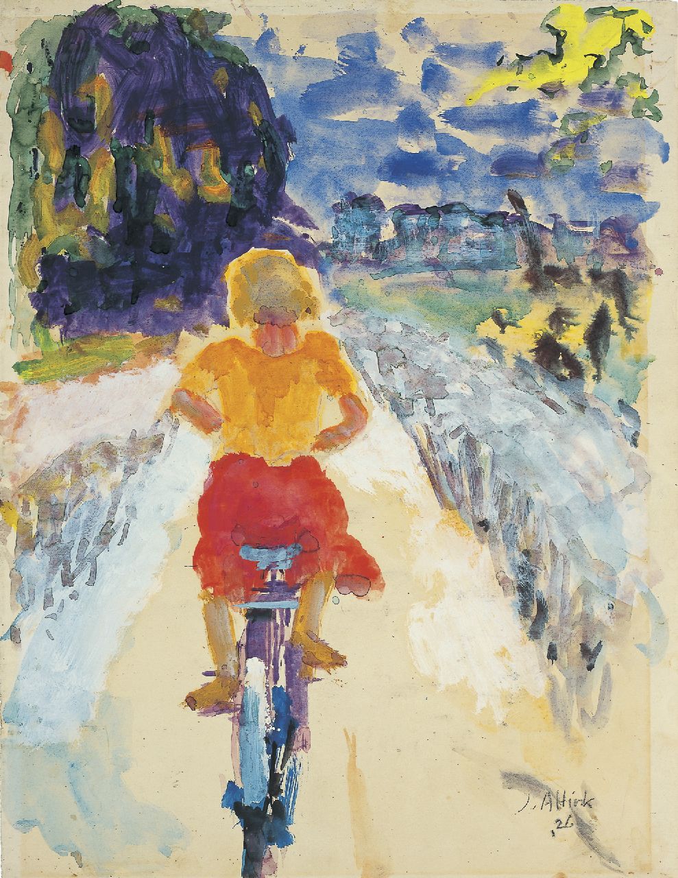 Altink J.  | Jan Altink, Meisje op de fiets, Aquarell auf Papier 63,0 x 47,0 cm, Unterzeichnet r.u. und datiert '26