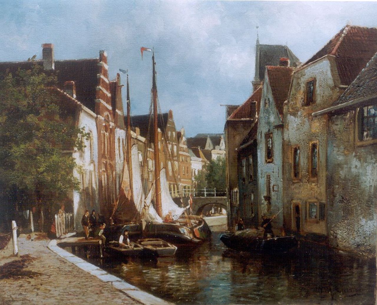 Eickelberg W.H.  | Willem Hendrik Eickelberg, A view of a canal with moored boats, Öl auf Leinwand 31,4 x 36,1 cm, signed l.r.